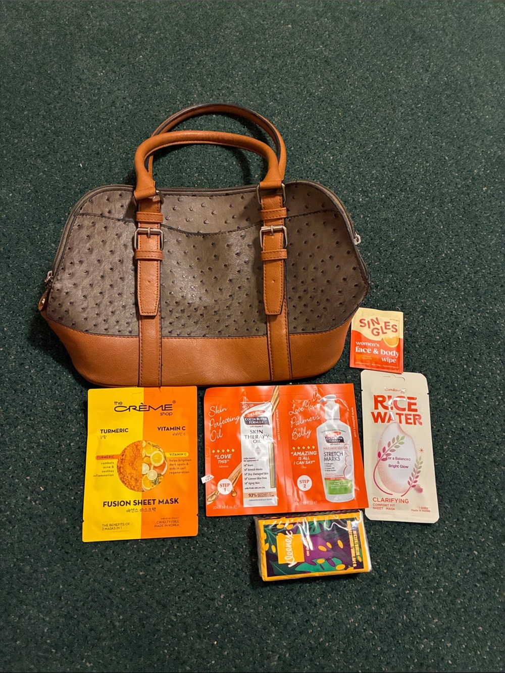 Brown Ostrich-Texture Satchel Handbag 7 pc Bundle